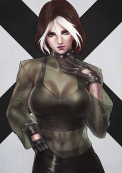  absurdres black_gloves bracelet brown_hair commentary english_commentary female gloves highres jewelry marvel monori_rogue multicolored_hair navel_piercing piercing rogue_(x-men) see-through_clothes short_hair solo studded_bracelet studded_choker two-tone_hair x-men x-men_evolution 