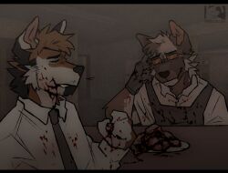  2boys animal_ears apron blood blood_on_clothes blood_on_face blood_on_hands blood_splatter brown_fur chewing dog_boy dog_ears dress_shirt furry furry_male glasses gloves guro highres maggotinzer multiple_boys necktie plate shirt table 