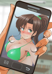  absurdres bikini bishoujo_senshi_sailor_moon blush breasts brown_hair cleavage covered_nipples female green_eyes highres holding holding_phone huge_breasts kino_makoto looking_at_viewer nanashi_noiji phone ponytail sailor_jupiter smile solo swimsuit 