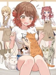  3girls blonde_hair blue_shorts blurry blush breasts brown_eyes brown_hair commentary_request depth_of_field feline flying_sweatdrops fujita_kotone gakuen_idolmaster gradient_hair hanami_saki hanami_ume hoshinopurin idolmaster indoors large_breasts looking_at_animal looking_at_another multicolored_hair multiple_girls print_shirt red_hair shirt short_sleeves shorts sitting t-shirt too_many too_many_cats white_shirt 