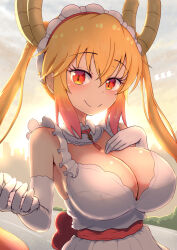  armpits blush breasts cleavage closed_mouth collar dragon_girl dragon_horns dress female gloves hair_between_eyes hand_on_own_chest highres horns kobayashi-san_chi_no_maidragon lace-trimmed_dress lace-trimmed_gloves lace_trim large_breasts long_hair looking_at_viewer orange_eyes outstretched_hand red_ribbon reiwa_rerere ribbon slit_pupils smile solo sunset tohru_(maidragon) twintails upper_body very_long_hair waist_ribbon white_collar white_dress white_headdress 