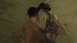  2boys arcane:_league_of_legends arcane_jayce back back_brace brown_hair commentary english_commentary hand_on_another's_shoulder highres implied_penetration implied_sex jayce_(league_of_legends) league_of_legends male_focus marion_bordeyne multiple_boys muscular muscular_male muscular_uke nude sheet_grab short_hair upper_body viktor_(arcane) viktor_(league_of_legends) yaoi 