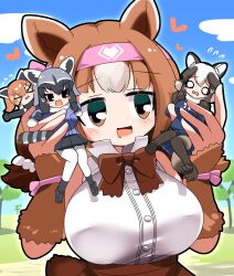  4girls animal_ears bear_ears bear_girl black_gloves black_hair black_skirt blue_shirt blue_skirt blue_sky blush blush_stickers bow bowtie breasts brown_bow brown_bowtie brown_eyes brown_hair buttons cloud common_raccoon_(kemono_friends) full_body gloves grey_eyes grey_pantyhose headband highres kemono_friends kodiak_bear_(kemono_friends) large_breasts lets0020 medium_hair mini_person minigirl multiple_girls open_mouth pantyhose pink_headband raccoon_ears raccoon_girl raccoon_tail red_panda_(kemono_friends) red_panda_ears red_panda_girl shirt skirt sky smile tail tanuki_(kemono_friends) upper_body white_hair white_pantyhose 