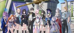  2boys 6+girls absurdres aemeath_(wuthering_waves) arm_under_breasts arm_up black_dress black_hair black_hat black_jacket black_pants black_serafuku black_shirt black_skirt blonde_hair blue_sky camera chisa_(wuthering_waves) coat commentary day denia_(breakdown)_(wuthering_waves) denia_(wuthering_waves) dress dual_persona english_commentary everyone female_rover_(perpetual_spark)_(wuthering_waves) female_rover_(wuthering_waves) hair_over_one_eye halo hand_up hat highres hiyuki_(wuthering_waves) holding holding_camera id_card jacket japanese_clothes kimono leotard long_hair looking_at_viewer lucilla_(wuthering_waves) luuk_herssen_(wuthering_waves) lynae_(wuthering_waves) male_rover_(perpetual_spark)_(wuthering_waves) male_rover_(wuthering_waves) mornye_(wuthering_waves) multiple_boys multiple_girls neckerchief off_shoulder one_eye_closed open_mouth orange_hair outdoors pants pink_hair purple_dress red_eyes red_neckerchief rover_(wuthering_waves) school_uniform serafuku shirt sigrika_(wuthering_waves) skirt sky smile smodo2132 tacet_mark_(wuthering_waves) v white_coat white_dress white_jacket white_kimono white_leotard white_shirt wuthering_waves 