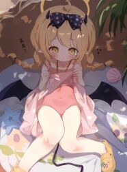 beach beach_mat black_bow blonde_hair blue_archive blush bow braid chinese_commentary commentary_request covered_navel crocs demon_girl demon_horns demon_tail demon_wings dress_swimsuit female halo highres horns ibuki_(blue_archive) ibuki_(swimsuit)_(blue_archive) low_twin_braids low_wings official_alternate_costume official_alternate_hairstyle one-piece_swimsuit pink_one-piece_swimsuit pointy_ears polka_dot polka_dot_bow polka_dot_swimsuit seashell shell small_horns solo starfish swimsuit tail tttlr twin_braids wings yellow_eyes yellow_halo 