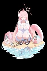  absurdres ahoge bag ball beach beachball between_legs bikini bikini_under_clothes black_background black_sandals blue_archive blush bow braid breasts cleavage collarbone collared_shirt female fish full_body hairbow halo hanako_(blue_archive) hanako_(swimsuit)_(blue_archive) hand_between_own_legs haniwa_(statue) highres innertube jumping_fish large_breasts long_hair long_sleeves looking_at_viewer official_alternate_costume open_mouth oversized_clothes oversized_shirt partially_unbuttoned pink_bikini pink_hair pink_halo recri_(mihuashi) sample_watermark sandals see-through_clothes see-through_shirt shirt simple_background smile solo squatting starfish swim_ring swimsuit teeth transparent_bag upper_teeth_only very_long_hair volleyball_(object) water watermark wet wet_clothes wet_shirt white_bow white_shirt yellow_eyes 