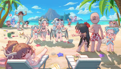  1boy 6+girls absurdres antlers aragnia_(trickcal) ayla_(trickcal) beach belita_(trickcal) beni_(trickcal) bikini black_bikini black_hair blue_eyes blue_hair blush blush_stickers brown_hair butter_(trickcal) chair chibi closed_eyes coconut coconut_tree collared_shirt commentary_request dark-skinned_female dark_skin day daya_(trickcal) deer_antlers deer_girl diana_(trickcal) dragon_ears dragon_girl dragon_horns dragon_tail drinking_straw erpin_(trickcal) eyewear_on_head faceless faceless_male fewer_digits flower forehead fricle_(trickcal) frilled_bikini frills giant_squid grey_hair guin_(trickcal) hair_flower hair_ornament hairclip hermit_crab highres holding_another's_arm holding_hands horns jeongseock_0925 kommy_(trickcal) korean_commentary leader_(trickcal) long_sleeves male_swimwear mother_and_child mother_and_daughter multiple_girls navel ner_(trickcal) o-ring o-ring_thigh_strap ocean outdoors palm_tree parent_and_child parted_bangs partially_unbuttoned picora_(trickcal) pointing red_eyes rufo_(trickcal) sand sand_bucket sand_castle sand_sculpture seashell sexualized_chibi shell shirt shovel silver_bikini silvia_(trickcal) single_horn sitting sky standing starfish stomach sunglasses sunlight sweatdrop swim_trunks swimsuit table tail tearing_up thigh_strap tig_(trickcal) tree trickcal tropical_drink twitter_username vivi_(trickcal) water white_bikini white_shirt yellow_eyes 