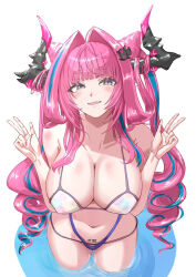  arknights arknights:_endfield bare_shoulders bikini black_horns blue_eyes blue_hair body_writing breasts cleavage collarbone commentary_request cone_hair_bun curly_hair dated_commentary double_bun double_w female gradient_eyes hair_bun hair_intakes hair_on_horn hair_ornament hairclip highres hora_(mizumorimami) horns huge_breasts long_hair looking_at_viewer multicolored_eyes multicolored_hair multicolored_horns navel oerba_yun_fang open_mouth pink_hair pink_horns pointy_ears simple_background skin_fang smile solo stomach streaked_hair swimsuit thighs twintails two-tone_hair two-tone_horns w wading white_background white_bikini yvonne_(arknights) 