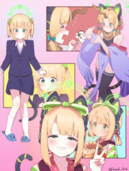  >_< absurdres animal_ear_headphones animal_ears black_thighhighs blonde_hair blue_archive blue_slippers blunt_bangs blush bow breasts camera cat_ear_headphones cat_ears cat_tail collarbone collared_shirt commentary_request cosplay detached_sleeves doodle_sensei_(blue_archive) dress_shirt dro_(eveveb_414) elma_(maidragon) elma_(maidragon)_(cosplay) fake_animal_ears female ganbaruzoi green_bow green_eyes green_halo green_kimono hairbow halo headphones highres holding holding_camera idolmaster idolmaster_cinderella_girls jacket japanese_clothes kimono kneehighs kobayashi-san_chi_no_maidragon korean_commentary long_sleeves medium_hair midori_(blue_archive) multiple_views new_game! parted_bangs parted_lips purple_jacket purple_shirt purple_skirt sensei_(blue_archive) shirt short_twintails side_slit sidelocks skirt slippers small_breasts smile socks suzukaze_aoba suzukaze_aoba_(cosplay) tail takada_yuuki taking_picture thighhighs twintails v voice_actor_connection white_socks yorita_yoshino yorita_yoshino_(cosplay) 