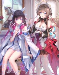  2girls bare_shoulders black_dress black_hair blue_dress blue_eyes blush bonnet breasts brown_hair brushing_hair cleavage colored_inner_hair columbina_(genshin_impact) commentary_request detached_sleeves dress genshin_impact hair_brush hair_ornament hair_ribbon hairdressing hand_in_another's_hair highres holding_another's_hair kachayori long_hair long_sleeves looking_at_viewer medium_breasts multicolored_hair multiple_girls purple_eyes red_hair ribbon sandrone_(genshin_impact) sidelocks small_breasts smile thighhighs two-tone_dress very_long_hair white_dress white_thighhighs wide_sleeves wing_hair_ornament 