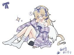  ? angel_wings artist_name bare_shoulders bespectacled blonde_hair bow commentary dress fate/grand_order fate_(series) feathered_wings female fluffy_clothes food full_body fur_trim glasses headphones highres himitsu_onigiri jacket jeanne_d'arc_(fate) long_hair long_sleeves looking_at_viewer low_twintails metatron_jeanne_(fate) metatron_jeanne_(second_ascension)_(fate) onigiri open_clothes open_mouth purple_jacket ribbon signature simple_background sitting sleepwear sleeveless sleeveless_dress sleeves_past_wrists socks solo sparkle spoken_question_mark striped_clothes striped_sweater sweater twintails white_background white_dress white_socks white_wings wings yellow_eyes 