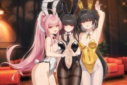  3girls absurdres aemeath_(wuthering_waves) ahoge animal_ear_hairband animal_ears arm_up armpits ass_visible_through_thighs black_choker black_hair black_leotard black_necktie black_pantyhose blurry blurry_background breasts chisa_(wuthering_waves) choker cleavage closed_mouth commentary detached_collar earrings embarrassed english_commentary engrish_commentary fake_animal_ears fake_tail female_rover_(wuthering_waves) hair_ornament hair_ribbon hairband heart heart_hands heart_hands_duo highleg highleg_leotard highres incredibly_absurdres indoors jewelry large_breasts large_variant_set leotard long_hair looking_at_viewer low_ponytail multiple_girls necktie open_mouth orange_eyes pantyhose pink_hair ponytail rabbit_ear_hairband rabbit_ears rabbit_tail red_eyes ribbon rover_(wuthering_waves) see-through_clothes see-through_leotard smile strapless strapless_leotard tacet_mark_(wuthering_waves) tail thigh_gap thighband_pantyhose triangle_earrings uncle_dash variant_set white_leotard white_pantyhose wuthering_waves yellow_eyes yellow_leotard yellow_ribbon 