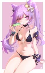  absurdres bikini black_bikini blush breasts collarbone commentary cone_hair_bun double_bun female food genshin_impact hair_bun hair_ears hair_ornament halterneck highres holding keqing_(genshin_impact) long_hair looking_at_viewer medium_breasts navel popsicle purple_eyes purple_hair side-tie_bikini_bottom signature sitting solo string_bikini swimsuit triangle_bikini_top twintails yunarina 