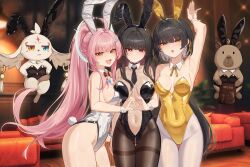  3girls abby_(wuthering_waves) absurdres aemeath_(wuthering_waves) ahoge animal_ear_hairband animal_ears arm_up armpits ass_visible_through_thighs black_choker black_hair black_leotard black_necktie black_pantyhose blurry blurry_background breasts chisa_(wuthering_waves) choker cleavage closed_mouth commentary detached_collar earrings embarrassed english_commentary engrish_commentary fake_animal_ears fake_tail female_rover_(wuthering_waves) hair_ornament hair_ribbon hairband heart heart_hands heart_hands_duo highleg highleg_leotard highres incredibly_absurdres indoors jewelry large_breasts large_variant_set leotard long_hair looking_at_viewer low_ponytail multiple_girls namipon_(wuthering_waves) necktie open_mouth orange_eyes pantyhose pink_hair ponytail rabbit_ear_hairband rabbit_ears rabbit_tail red_eyes ribbon rover_(wuthering_waves) see-through_clothes see-through_leotard smile strapless strapless_leotard tacet_mark_(wuthering_waves) tail thigh_gap thighband_pantyhose triangle_earrings uncle_dash variant_set white_leotard white_pantyhose wuthering_waves yellow_eyes yellow_leotard yellow_ribbon 