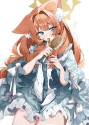  absurdres alternate_costume animal_ear_fluff animal_ears blue_archive blue_dress blue_eyes blush brushing_hair cat_ears cat_girl commentary dress female frilled_dress frills hair_brush hair_tie_in_mouth hairdressing halo hand_in_own_hair highres holding holding_hair_brush holding_own_hair long_hair mamiya076 mari_(blue_archive) mouth_hold orange_hair ribbon ribbon_in_mouth short_dress sidelocks smile solo very_long_hair yellow_halo 