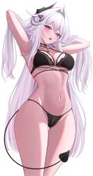  absurdres aircell armpits arms_behind_head arms_up bare_legs black_bra black_choker black_panties blush bra breasts bright_pupils choker cleavage commentary cowboy_shot demon_tail fake_horns fake_tail female groin hair_between_eyes hair_intakes highres honkai_(series) honkai_impact_3rd horns jewelry large_breasts long_hair looking_at_viewer navel necklace open_mouth paid_reward_available panties purple_eyes simple_background solo standing stomach tail thelema_nutriscu underwear very_long_hair white_background white_hair white_pupils 