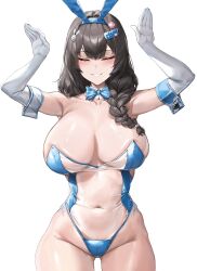  absurdres animal_ears arms_up bare_shoulders black_hair blue_bow blue_bowtie blue_hairband blush bow bowtie braid breasts cleavage closed_eyes collarbone detached_collar elbow_gloves fake_animal_ears female gloves goddess_of_victory:_nikke hairband highleg highleg_leotard highres large_breasts leotard mary_(medical_rabbit)_(nikke) mary_(nikke) medium_hair navel official_alternate_costume parted_lips playboy_bunny rabbit_ears samart see-through see-through_leotard simple_background smile solo white_background 