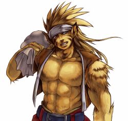  accessory animal_ears animal_humanoid anthro biceps blue_eyes breath_of_fire capcom clothed clothing felid felid_humanoid feline feline_humanoid fur headband hi_res humanoid long_fur male mammal mammal_humanoid open_clothing open_shirt open_topwear pecs rei_(breath_of_fire) shirt sleveless_shirt smile solo stripped_markings topwear unknown_artist yellow_body yellow_fur 