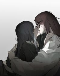  2girls akechi_(826988799) black_eyes black_hair black_shirt french_kiss glasses gradient_background grey_background hand_on_another&#039;s_shoulder highres huh_yun-jin kissing le_sserafim long_hair long_sleeves looking_at_another multiple_girls nakamura_kazuha real_life red_hair shirt tongue tongue_out white_background white_shirt yuri 