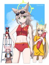  4girls :d ahoge alternate_costume animal_ear_fluff animal_ears apron ass_visible_through_thighs bikini black_hair black_shirt blonde_hair blue_archive blue_eyes blue_halo blush blush_stickers border bowl braid brown_apron closed_eyes cloud collared_shirt commentary_request cowboy_shot crossed_bangs food fox_ears full_body gradient_background green_eyes green_halo hair_between_eyes halo highres holding holding_tray kurumi_(blue_archive) lifebuoy lifeguard lifeguard_chair light_brown_hair long_hair looking_at_viewer minowa_sukyaru multicolored_shirt multiple_girls navel niko_(blue_archive) open_mouth otogi_(blue_archive) outdoors outside_border oversized_clothes oversized_shirt pink_hair pout print_shirt red_bikini red_halo red_shirt shaved_ice shirt short_hair single_braid sitting smile sparkle stomach sunglasses swim_ring swimsuit t-shirt tankini tray very_long_hair whistle whistle_around_neck white_background white_border yellow_shirt yukino_(blue_archive) 