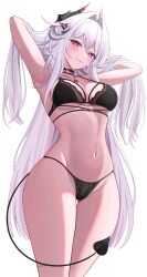  absurdres aircell armpits arms_behind_head arms_up bare_legs black_bra black_choker black_panties blush bra breasts bright_pupils choker cleavage closed_mouth commentary cowboy_shot demon_tail fake_horns fake_tail female groin hair_between_eyes hair_intakes highres honkai_(series) honkai_impact_3rd horns jewelry large_breasts long_hair looking_at_viewer navel necklace paid_reward_available panties parted_lips purple_eyes simple_background smile solo standing stomach tail thelema_nutriscu underwear very_long_hair white_background white_hair white_pupils 