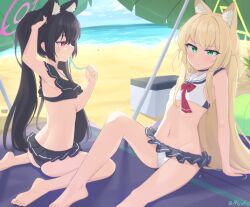  2girls absurdres adjusting_hair alternate_costume animal_ear_fluff animal_ears arm_support armpits ass bare_back bare_legs barefoot beach beach_mat beach_umbrella bikini black_bikini black_choker black_hair blonde_hair blue_archive blue_sky blurry bow breasts cat_ears cat_girl choker cloud cloudy_sky commentary cooler depth_of_field english_commentary extra_ears fox_ears fox_girl frilled_bikini frills green_eyes groin hair_between_eyes hair_ribbon hairbow halo highres horizon knee_up kurumi_(blue_archive) long_hair looking_at_viewer multiple_girls myuf navel ocean official_alternate_costume outdoors red_eyes ribbon sailor_collar serika_(blue_archive) serika_(swimsuit)_(blue_archive) sidelocks sitting sky small_breasts soles starfish stomach swimsuit toes twintails two_side_up umbrella wariza white_bikini white_sailor_collar 