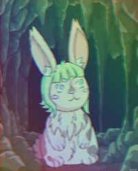  blush cave_background chibi feral fluffy green_hair hair hare hi_res lagomorph leporid male mammal markings purple_eyes rabbit sfw sitting solo spots spotted_markings stock_image_background wolflynrot 