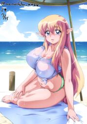  beach bikini blonde_hair blue_eyes blue_sky breasts cloud dated day elf female green_bikini horizon large_breasts long_hair nafta ocean outdoors pointy_ears shirt sitting sky solo swimsuit thermos tied_shirt tiffania_westwood twitter_username yokozuwari zero_no_tsukaima 