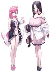  2girls ako_ko_(yaguo) black_hair black_panties breasts closed_mouth colored_inner_hair cup full_body green_eyes holding holding_cup large_breasts long_hair looking_at_viewer medium_breasts multicolored_hair multiple_girls navel original panties pink_eyes pink_hair pity_(yaguo) shirt simple_background standing two-tone_hair underwear white_background white_shirt yaguo 