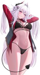  absurdres aircell armpits arms_behind_head arms_up bare_legs black_bra black_choker black_panties blush bra breasts bright_pupils choker cleavage closed_mouth commentary cowboy_shot demon_tail fake_horns fake_tail female groin hair_between_eyes hair_intakes highres honkai_(series) honkai_impact_3rd horns jacket jewelry large_breasts long_hair looking_at_viewer navel necklace open_clothes open_jacket paid_reward_available panties parted_lips purple_eyes red_jacket simple_background smile solo standing stomach tail thelema_nutriscu underwear very_long_hair white_background white_hair white_pupils 