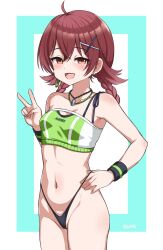  absurdres ahoge bandeau bikini black_wristband braid breasts cowboy_shot djloops female green_bandeau hair_between_eyes hair_ornament hairclip highleg highleg_bikini highres idolmaster idolmaster_shiny_colors komiya_kaho long_hair looking_at_viewer low_twintails mismatched_bikini open_mouth red_eyes red_hair small_breasts smile solo swimsuit twin_braids twintails two-tone_background v x_hair_ornament 