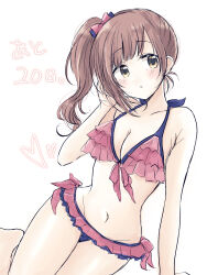  :o baran._(ba_ra_ran) barefoot bikini blush bow bowtie breasts brown_hair cleavage collarbone commentary_request countdown female frilled_bikini frills front-tie_top hairbow halterneck heart highres idolmaster idolmaster_cinderella_girls igarashi_kyoko knees_out_of_frame leaning_to_the_side long_hair looking_to_the_side medium_breasts navel parted_lips pink_bikini pink_bow pink_bowtie side-tie_bikini_bottom side_ponytail sidelocks sideways_glance simple_background solo split_mouth stomach swimsuit white_background yellow_eyes 