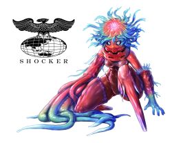  black_sclera colored_eyelashes colored_sclera colored_skin commentary cyborg eidenjyou1997 english_commentary female genderswap_(mtf) highres isoginchack kaijin kamen_rider kamen_rider_(1st_series) logo monster_girl red_eyes red_skin rule_63 sea_anemone shocker_(kamen_rider) simple_background solo tentacle tentacle_arm transparent white_background 