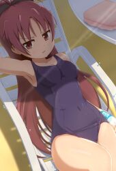  black_one-piece_swimsuit bottle breasts brown_eyes brown_hair chair cleavage commentary covered_navel curakuru feet_out_of_frame female furrowed_brow highres holding holding_bottle long_hair looking_at_viewer lounge_chair mahou_shoujo_madoka_magica marine_day medium_breasts old_school_swimsuit one-piece_swimsuit parted_lips plastic_bottle reclining sakura_kyoko school_swimsuit solo swimsuit very_long_hair 