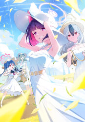  5girls aiming animal_ears arms_up bare_arms bare_shoulders black_hair blue_archive blue_hair blue_sky bow_choker cat_ears choker closed_mouth cloud colored_inner_animal_ears colored_inner_hair day dog_ears dog_girl dress fubuki_(blue_archive) grey_hair gun halo hands_on_headwear hat highres holding holding_gun holding_rope holding_weapon ibuki_(blue_archive) kayoko_(blue_archive) kazusa_(blue_archive) looking_at_viewer multicolored_hair multiple_girls nasan_(coldtime) official_alternate_costume outdoors pink_halo power_lines rifle rope ruger_mini-14 sky sleeveless sleeveless_dress spaghetti_strap sun_hat sundress transmission_tower umika_(blue_archive) weapon white_dress white_hair 