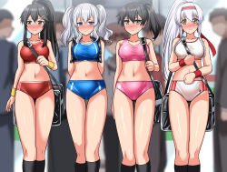  4girls 5boys absurdres alternate_hairstyle bag black_socks blue_buruma blue_eyes blue_sports_bra blurry blush breasts buruma cleavage commentary_request commission depth_of_field feet_out_of_frame grey_hair hairband haruna_(kancolle) highres kaga_(kancolle) kantai_collection kashima_(kancolle) looking_at_viewer medium_breasts multiple_boys multiple_girls nose_blush pink_buruma pink_sports_bra pixiv_commission ponytail red_buruma red_hairband red_sports_bra red_wristband shoukaku_(kancolle) side_ponytail sky socks sports_bikini sports_bra thigh_gap twintails white_buruma white_hair white_sports_bra yellow_wristband zanntetu 