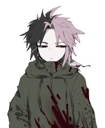  1boy black_eyes black_hair blood blood_in_hair blood_on_clothes closed_mouth commentary_request drawstring expressionless eyepatch green_jacket heterochromia high_collar highres hood hood_down hooded_jacket jacket korean_commentary long_sleeves male_focus medical_eyepatch multicolored_hair mutsushika_misumi nu_(qjqmfqjqmf02) parted_bangs pink_hair red_eyes saibou_shinkyoku short_hair simple_background solo split-color_hair two-tone_hair unworn_eyepatch upper_body white_background 