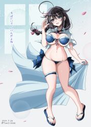  absurdres bikini black_hair blue_bikini blue_eyes braid breasts female flip-flops front-tie_bikini_top front-tie_top hair_between_eyes hair_flaps highres kantai_collection large_breasts long_hair navel official_alternate_costume open_clothes open_shirt sandals shigure_(kancolle) shigure_kai_san_(kancolle) shigure_kai_san_(swimsuit)_(kancolle) shirt side-tie_bikini_bottom single_braid solo swimsuit thigh_strap toms translation_request white_shirt 