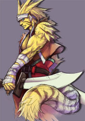  animal_ears animal_humanoid anthro armband blonde_hair breath_of_fire capcom felid felid_humanoid feline feline_humanoid fur green_eyes hair holding_object holding_weapon humanoid male mammal mammal_humanoid muscular muscular_male rei_(breath_of_fire) side_view sleeveless_shirt solo stripped_markings toshinohaya weapon yellow_body yellow_fur 