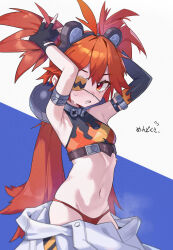  absurdres animal_ears arms_up bear_ears blush breasts clenched_teeth crop_top dream_of_pears elbow_gloves eyepatch fake_animal_ears female fingerless_gloves flame_print gloves hair_between_eyes highres koleda_belobog long_hair looking_at_viewer midriff panties red_eyes red_hair red_panties sharp_teeth simple_background single_elbow_glove small_breasts solo stomach sweat teeth twintails two_side_up underwear very_long_hair zenless_zone_zero 