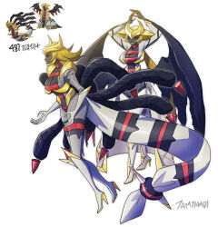  arms_up black_sclera black_skin blonde_hair boots breasts cleavage colored_sclera colored_skin female fingernails giratina giratina_(altered) giratina_(origin) gloves grey_footwear grey_gloves grey_jacket grey_pants high_heel_boots high_heels highres jacket large_breasts long_sleeves low_wings multiple_views open_clothes open_jacket pants personification pokemon red_eyes sharp_fingernails signature simple_background tamtamdi translated white_background wings yellow_lips 