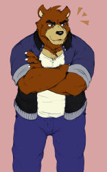  2024 anthro bear black_bear black_nose blue_bottomwear blue_clothing blue_jacket blue_pants blue_topwear bottomwear brown_body brown_eyes brown_fur chest_markings claws clothed clothing countershade_snout countershading crossed_arms fully_clothed fur hi_res hopelesshighschool jacket juuichi_mikazuki male mammal markings moon_bear morenatsu pants purple_background shirt simple_background snout solo standing tan_body tan_fur topwear ursine white_claws white_clothing white_shirt white_topwear 