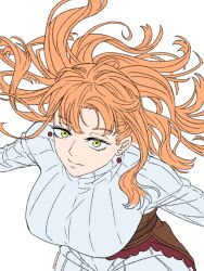  alternate_costume black_clover breasts earrings female green_eyes highres honexstage jewelry large_breasts long_hair mimosa_vermillion orange_hair ribbed_sweater simple_background solo sweater white_background white_sweater 