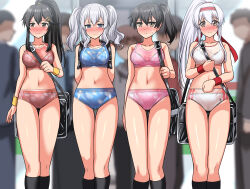  4girls 5boys absurdres alternate_hairstyle bag black_socks blue_buruma blue_eyes blue_sports_bra blurry blush bra bra_visible_through_clothes breasts buruma cleavage commentary_request commission depth_of_field feet_out_of_frame grey_hair hairband haruna_(kancolle) highres kaga_(kancolle) kantai_collection kashima_(kancolle) looking_at_viewer medium_breasts multiple_boys multiple_girls nose_blush panties panties_visible_through_clothes pink_buruma pink_sports_bra pixiv_commission ponytail red_buruma red_hairband red_sports_bra red_wristband shoukaku_(kancolle) side_ponytail sky socks sports_bikini sports_bra thigh_gap twintails underwear underwear_only white_bra white_buruma white_hair white_panties white_sports_bra yellow_wristband zanntetu 