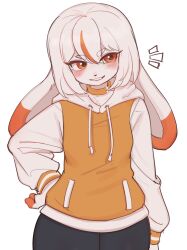  2024 acorn_furry anthro anthrofied blush breasts choker clothed clothing digital_media_(artwork) emanata female female_anthro floppy_ears fur generation_8_pokemon hair half-length_portrait hi_res hoodie jewelry kemono lagomorph lop_ears mammal necklace nintendo orange_body orange_fur pokemon pokemon_(species) pokemorph portrait scorbunny short_hair small_breasts solo topwear white_body white_fur white_hair 