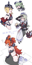  4girls ? absurdres alexandrina_sebastiane animal_ears ass bangboo_(zenless_zone_zero) blonde_hair blush breasts closed_mouth corin_wickes crop_top dream_of_pears eyepatch fake_animal_ears green_hair grey_hair hair_ornament hair_ribbon helmet highres koleda_belobog large_breasts long_hair long_sleeves luciana_de_montefio maid maid_headdress mask mask_around_neck multiple_girls open_mouth panties pickelhaube purple_eyes red_eyes red_hair red_panties ribbon short_shorts shorts simple_background sleeveless underwear white_background zenless_zone_zero 