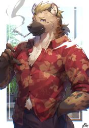  1boy bara blonde_hair body_fur brown_fur cigarette claws commentary_request furry furry_male grin hand_in_pocket hawaiian_shirt highres hyena_boy looking_at_viewer low_ponytail male_focus mohawk original ponzu_tas red_eyes red_shirt shirt short_hair smile smoking solo upper_body 