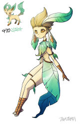  breasts brown_eyes brown_hair female full_body hair_ornament highres leaf_clothing leaf_hair_ornament leafeon looking_at_viewer navel personification pointy_ears pokemon pokemon_(creature) short_hair simple_background tamtamdi toeless_footwear translated underboob white_background 