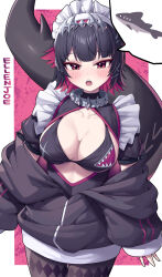  absurdres bikini black_bikini black_hair black_pantyhose breasts character_name cleavage collar ellen_joe female fins fish_tail hair_ornament hairclip highres jacket metaljelly multicolored_hair off_shoulder open_mouth pantyhose purple_eyes purple_hair shark_tail sharp_teeth short_hair solo spoken_animal swimsuit tail teeth thighband_pantyhose two-tone_hair zenless_zone_zero 