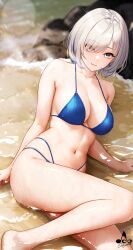  bare_arms bare_shoulders bikini blue_bikini blue_eyes blurry blurry_background blush breasts cleavage closed_mouth day eyes_visible_through_hair female hair_over_one_eye highres infinote large_breasts navel original outdoors partially_submerged sashou_mihiro_(infinote) short_hair smile solo stomach swimsuit thighs water wet white_hair 